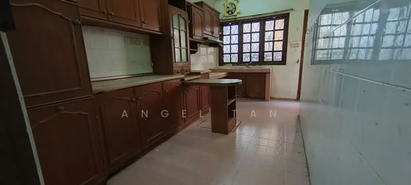 Kitchen features: wood cabinetry, laminate countertop, single-bowl stainless-steel sink, built-in oven, freestanding range oven, tile backsplash, window with grid pattern, light-colored tile flooring, kitchen island, wall-mounted clock; style: traditional.