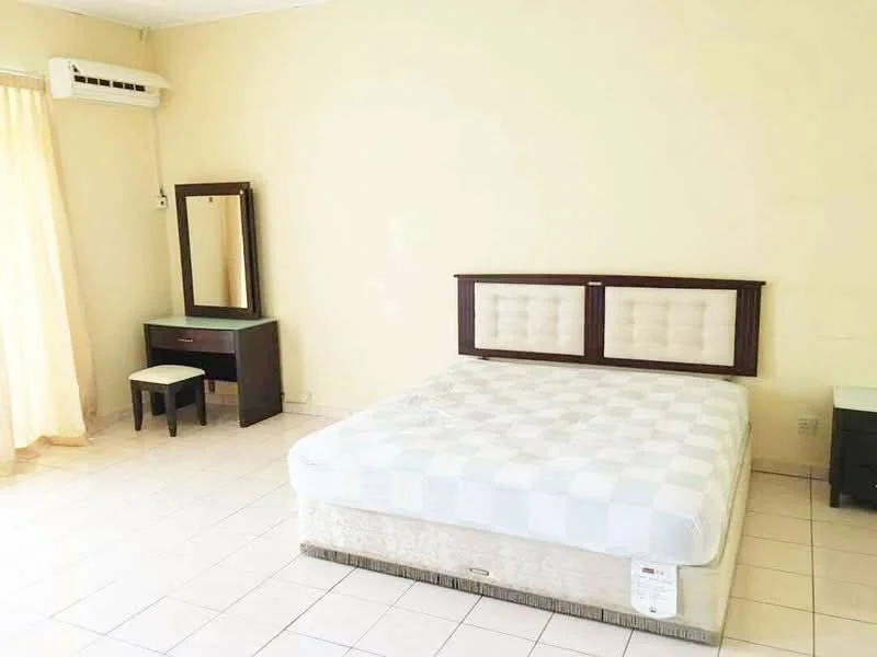 Bedroom features: queen-size bed with upholstered headboard, white bed linens, light-coloured walls, tile flooring, floor-to-ceiling window with sheer curtains, wall-mounted split AC, wooden dresser with mirror, small stool, neutral colour palette, minimalist decor; style: minimalist.