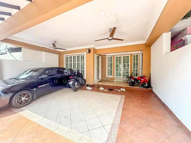 Exterior type: car porch; features: tiled flooring, two ceiling fans, white walls, two parked motorcycles, open space, natural light from windows, decorative wall, access to interior through sliding door; style: modern.