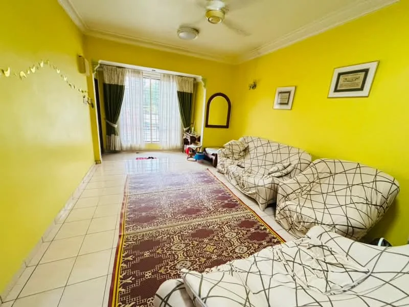 Living features: yellow painted walls, white ceiling with crown moulding, tiled flooring, 3-seater fabric sofa with geometric pattern, 2-seater fabric sofa with geometric pattern, area rug with intricate pattern, floor-to-ceiling windows with sheer curtains, wall-mounted mirror, decorative artwork on walls, ceiling fan; style: contemporary.