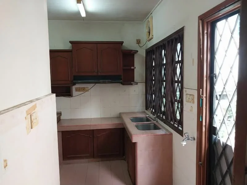 Kitchen features: brown wooden cabinetry, double-bowl stainless-steel sink, chrome faucet, white tiled backsplash, cream tiled walls, pink tiled flooring, window with diamond grille, wall-mounted air conditioning unit, countertop with built-in storage, exposed light fixture; style: traditional.