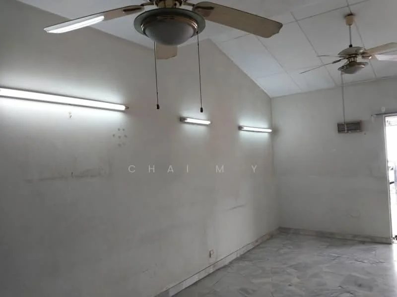 Room features: white painted walls, marble tile flooring, exposed ceiling with beams, 2 ceiling fans, fluorescent lighting, window with natural light.