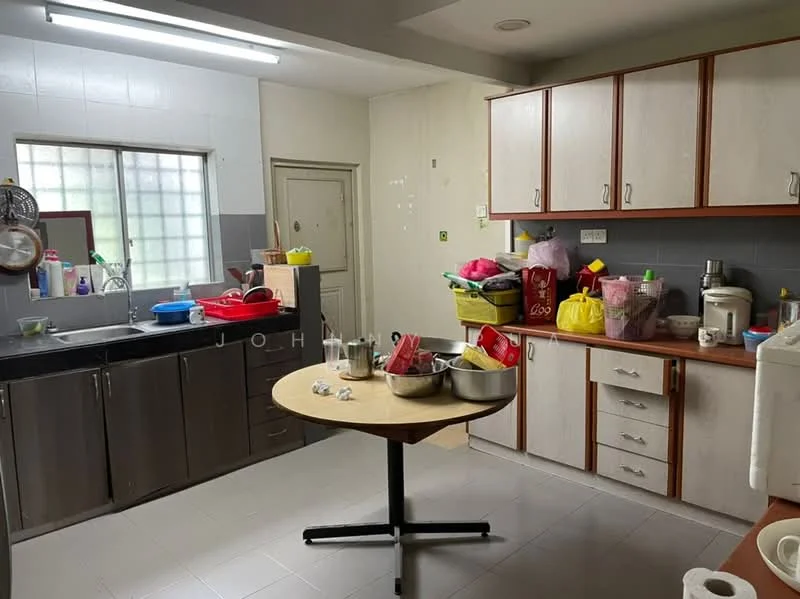 Kitchen features: stainless-steel sink, chrome pull-down faucet, laminate countertop, white shaker cabinets, grey tiled backsplash, built-in oven, freestanding range oven, microwave, circular dining table, floor tiles in light grey, window with grid pattern, storage containers on countertop, kitchen appliances visible.