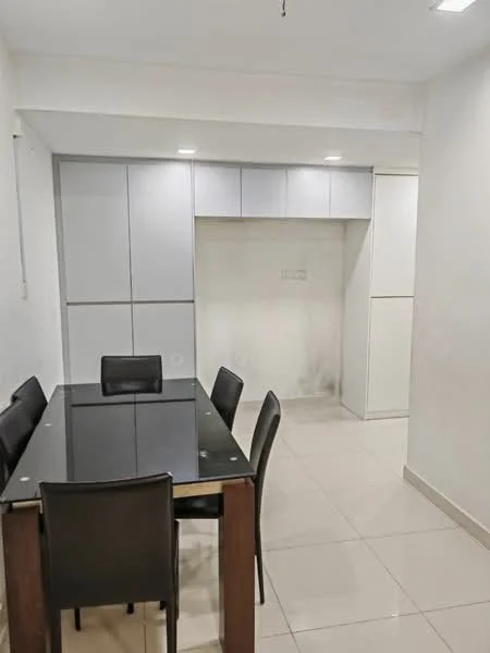 Dining features: glass dining table, black dining chairs, white walls, light grey cabinetry, tile flooring, recessed downlights, built-in cabinets, open space layout; style: modern.