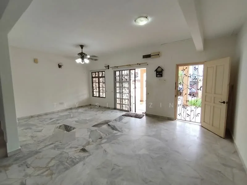 Living features: marble flooring, white painted walls, 5-blade ceiling fan with light, floor-to-ceiling windows, double doors with decorative grille, natural light from windows, door leading outside, light fixture on ceiling; style: modern; view: garden.