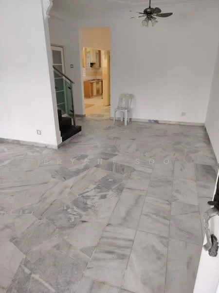 Living features: marble flooring, white painted walls, ceiling fan, staircase leading to upper level, large windows, open layout, neutral color scheme, no visible furniture; style: modern.