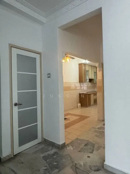 Room features: white painted walls, marble flooring, door with glass panels, recessed lighting, kitchen visible in the background, tile flooring in kitchen, light wood cabinetry in kitchen, stainless-steel appliances in kitchen; style: modern.