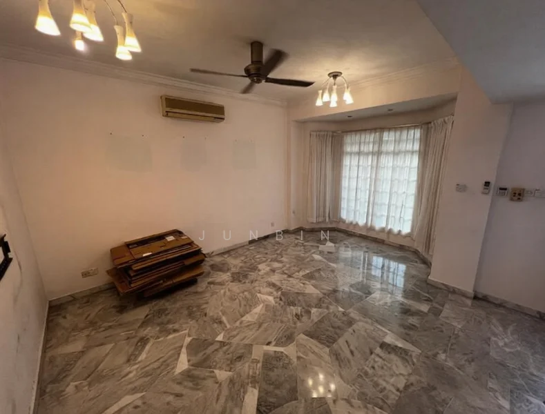 Living features: marble flooring, white painted walls, ceiling fan, recessed downlights, large windows with sheer curtains, air conditioning unit, corner space for furniture, natural light from windows, decorative ceiling, stacked cardboard boxes; style: modern.
