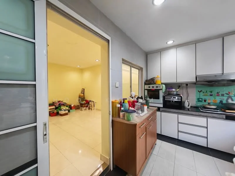 Kitchen features: white cabinetry, black countertop, stainless-steel sink, chrome pull-down faucet, built-in oven, freestanding range oven, microwave, refrigerator, tile flooring, recessed downlights, wall-mounted cabinets, open shelving, decorative backsplash; style: modern. Room features: yellow painted walls, tile flooring, children's toys, small dining table, chairs.