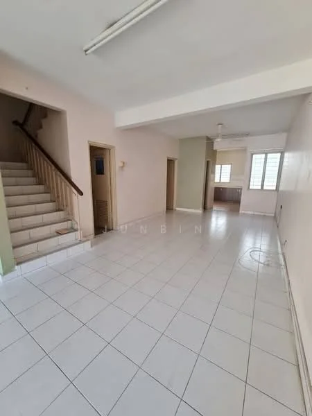 Living features: white painted walls, ceramic tile flooring, ceiling fan, staircase with wooden railing, large windows for natural light, open layout, neutral color scheme, corner for kitchen area; style: modern.