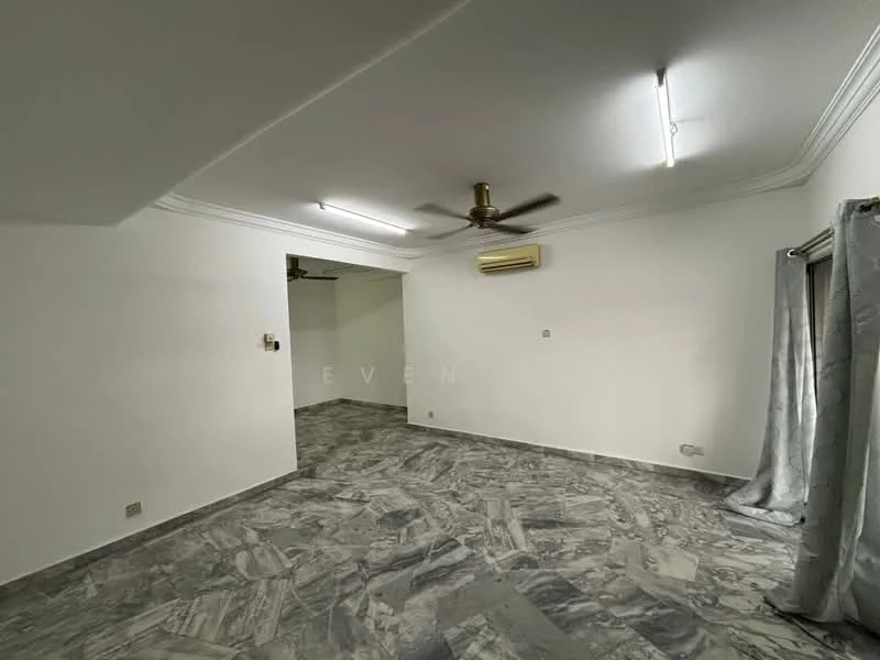 Room features: white painted walls, marble flooring, ceiling fan, LED ceiling lights, air conditioning unit, curtains, crown moulding.