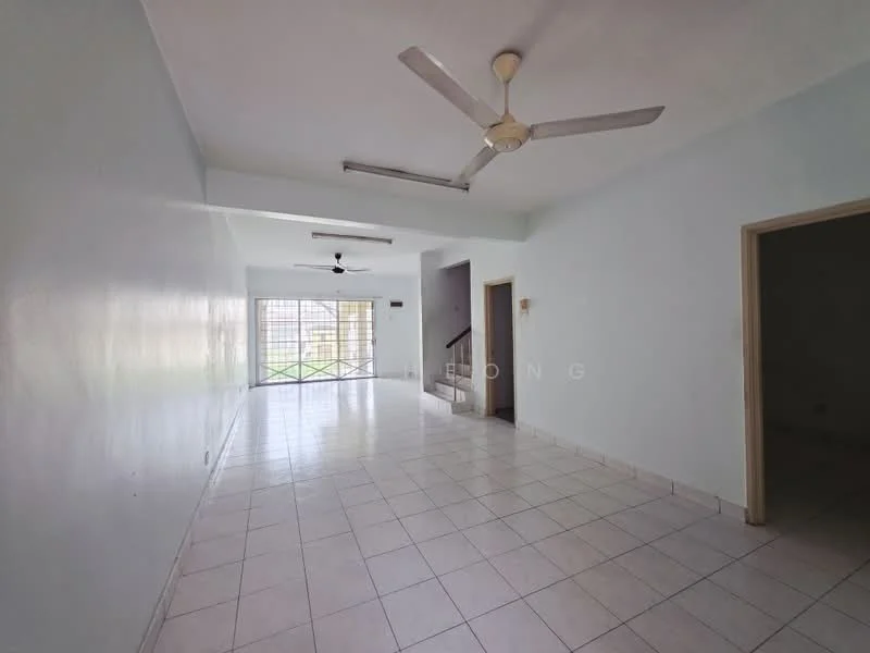 Living features: white painted walls, tile flooring, 5-blade ceiling fan, recessed downlights, large windows, sliding glass door, staircase, open layout; view: garden.