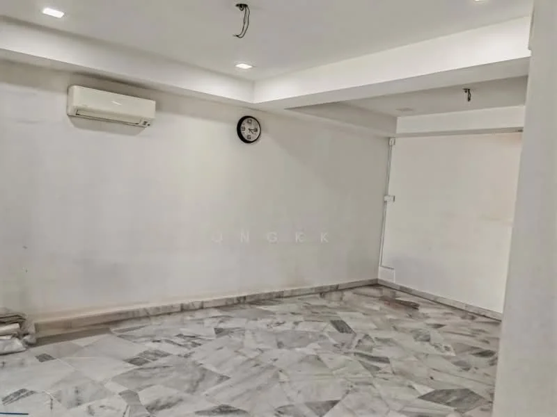 Room features: white painted walls, marble flooring, 1 wall-mounted split AC, ceiling lights, clock on wall.