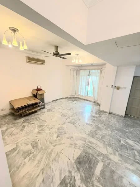 Living features: marble flooring, white painted walls, ceiling fan, recessed downlights, large windows with sheer curtains, air conditioning unit, box storage, open layout; style: modern.