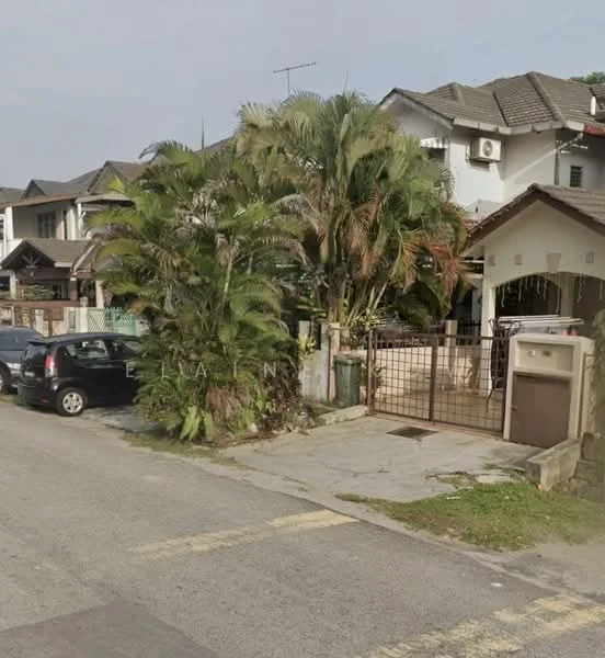 Exterior type: semi-detached house; features: white painted facade, pitched tile roof, manicured lawn, mature palm trees, driveway with interlocking pavers, gated entry, car porch, surrounded by greenery; style: modern.
