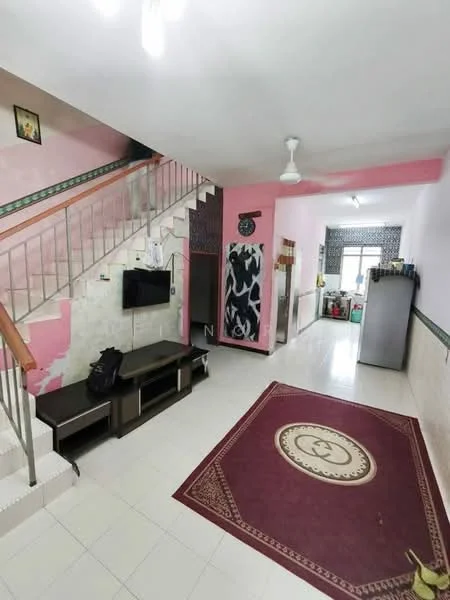 Living features: white walls, pink accent walls, ceramic tile flooring, ceiling fan, wall-mounted TV, TV console, area rug with geometric pattern, staircase with metal railing, decorative wall art, window with patterned curtains, refrigerator, kitchen cabinetry; style: modern.