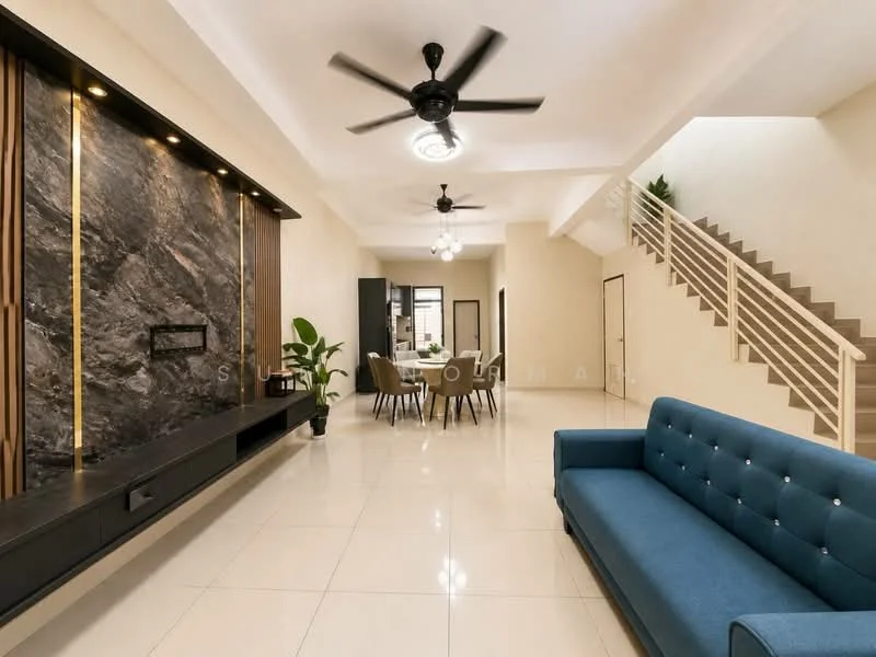 Living features: blue fabric sofa, marble feature wall, flat-screen TV console, ceiling fan with light, recessed lighting, large floor tiles, neutral painted walls, decorative wall paneling; style: modern. Dining features: round dining table, upholstered dining chairs, pendant lighting above table, open layout to living area, neutral painted walls, large windows for natural light; style: modern.