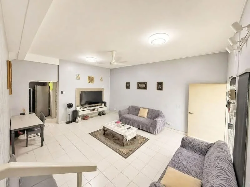 Living features: grey fabric 3-seater sofa, grey fabric 2-seater sofa, coffee table with marble top, TV console, wall-mounted TV, recessed ceiling lights, ceiling fan, white painted walls, tile flooring, decorative wall art, area rug with geometric pattern; style: modern. Room features: open layout, door leading to kitchen, white door.