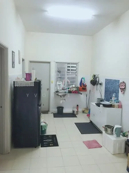 Kitchen features: black fridge, white cabinetry, stainless-steel sink, chrome faucet, tile backsplash, white walls, cream tile flooring, ceiling lights, window with blinds, kitchen countertop, kitchen mat, plastic storage containers, small appliances.