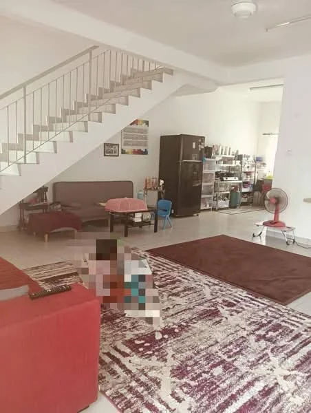Living features: red fabric sofa, area rug with geometric pattern, coffee table, wall-mounted TV, stainless-steel fridge, open shelving unit, ceiling fan, staircase with metal railing, tile flooring, white painted walls; style: modern.