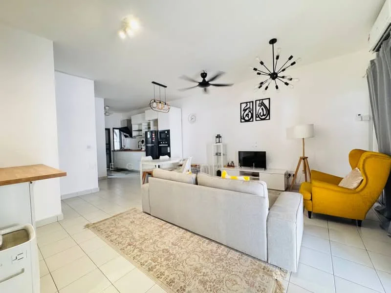 Living features: 3-seater fabric sofa in light grey, yellow accent armchair, coffee table, wall-mounted TV, fireplace, area rug with geometric pattern, ceiling fan with light, pendant light fixture, decorative wall art, white painted walls, tile flooring, large window with sheer curtains; style: modern. Kitchen features: open-plan layout, stainless-steel fridge, built-in oven, freestanding range oven, white cabinetry, kitchen island with countertop, pendant lighting over island; style: modern.