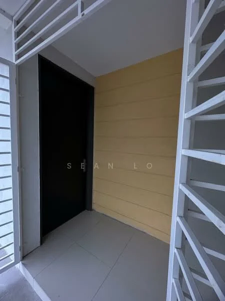 Room features: grey tiled flooring, yellow painted accent wall, white painted walls, black door, metal railing; style: modern.