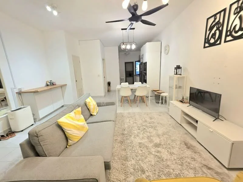 Living features: grey fabric sofa, yellow accent cushions, area rug with neutral color, coffee table, wall-mounted TV, TV console in white, ceiling fan with light, recessed lighting, open layout to dining area, white walls, tile flooring; style: modern. Dining features: 4-seater dining table, white dining chairs, wall-mounted decor, open layout to living area; style: modern.