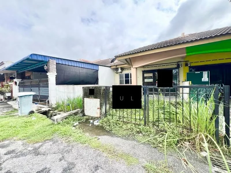 Exterior type: linked terrace house; features: single-storey, blue awning, fenced front yard, manicured grass, concrete pathway, driveway, visible mailbox, adjacent house, grey exterior walls, green accent wall, roof with tiles; style: modern.