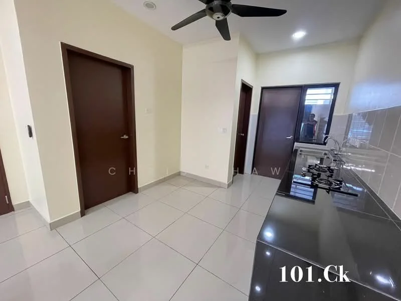 Kitchen features: black granite countertop, stainless-steel sink, 4-burner gas hob, wall-mounted cabinets, white tiled backsplash, grey ceramic tile flooring, 5-blade ceiling fan, recessed downlights; style: modern. Room features: two wooden doors, cream painted walls, grey ceramic tile flooring.