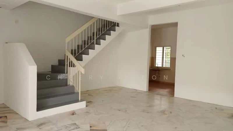 Room features: marble flooring, white painted walls, staircase with grey steps, window with grid pattern, open layout, natural light from window, ceiling with exposed beams; style: modern.