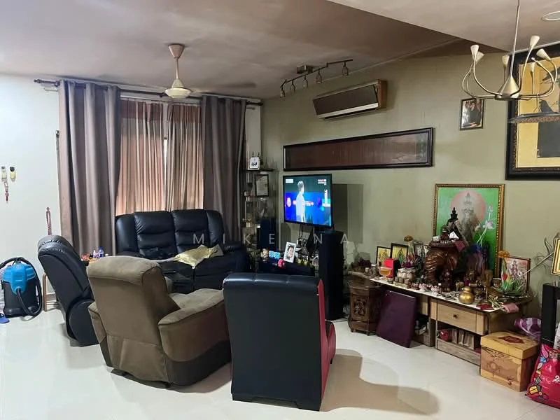 Living features: 3-seater black leather sofa, 2-seater brown fabric sofa, coffee table, wall-mounted TV, air conditioning unit, curtains, decorative wall art, laminate flooring, ceiling fan, decorative items on shelves; style: contemporary.