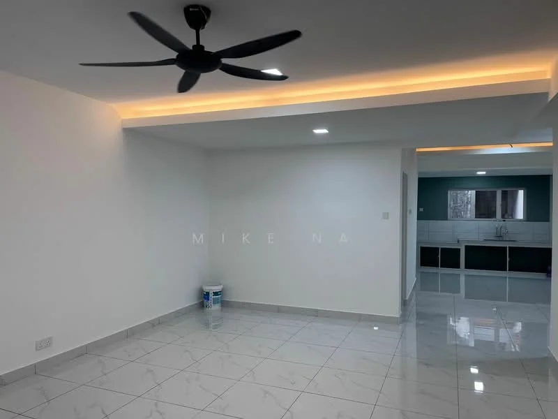Living features: white painted walls, glossy ceramic tile flooring, 5-blade ceiling fan with light, recessed LED downlights, crown moulding, open layout, neutral color scheme, no visible furniture; style: modern.