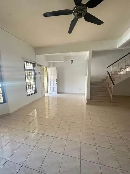 Living features: white painted walls, ceramic tile flooring, 5-blade ceiling fan, large windows with grilles, door leading outside, staircase leading to upper floor, hanging light fixture, open layout; style: modern.