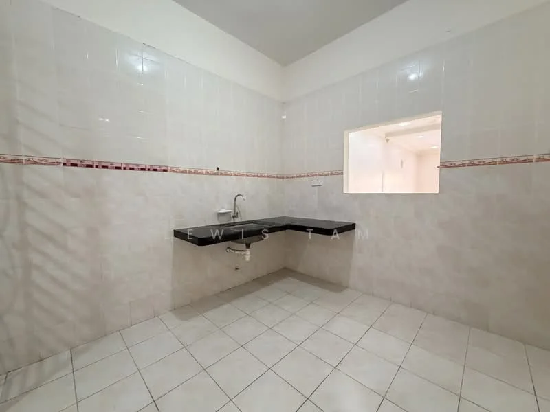 Kitchen features: white tiled walls, grey countertop, single-bowl stainless-steel sink, chrome faucet, white ceramic floor tiles, window opening to another room, red decorative tile border.
