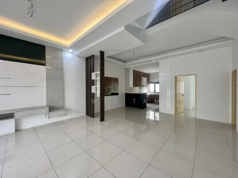 Living features: white painted walls, polished ceramic tile flooring, tray ceiling with recessed lighting, built-in cabinetry with grey accents, open layout to kitchen, large windows for natural light, neutral color palette, decorative wall paneling; style: modern. Kitchen features: black cabinetry, granite countertop, open-plan layout, kitchen island, stainless-steel sink, modern faucet, built-in appliances, tile backsplash; style: modern.