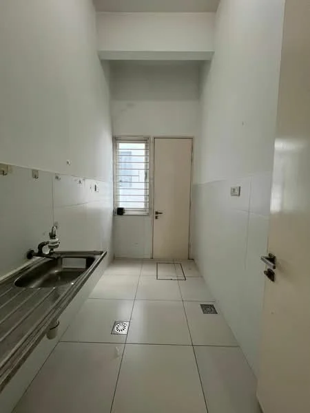 Laundry features: single-bowl stainless-steel sink, chrome faucet, white tiled walls, white tiled flooring, window with metal grille, white door, drainage grate on floor, light fixture on ceiling.