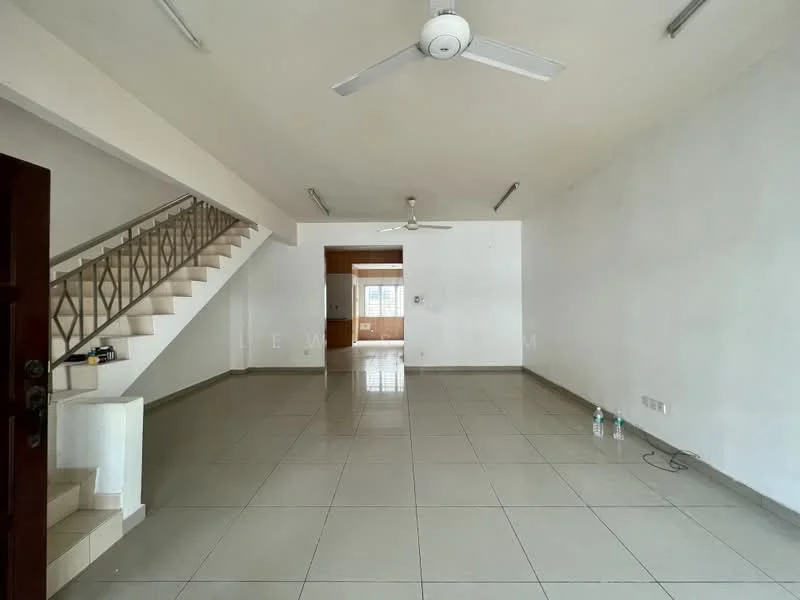 Living features: white painted walls, ceramic tile flooring, 5-blade ceiling fan, 2 ceiling lights, staircase with metal railing, large windows, open layout, empty space; style: minimalist.