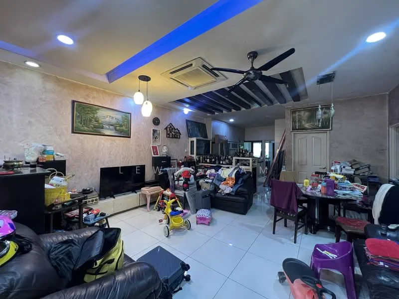 Living features: white tiled flooring, cream painted walls, exposed ceiling beams, 5-blade ceiling fan, recessed downlights, wall-mounted TV, black leather sofa, coffee table, decorative artwork, various children's toys, multiple chairs, open layout to kitchen, air conditioning unit; style: contemporary.