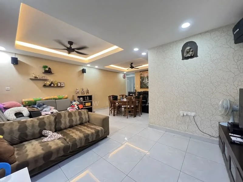 Living features: 3-seater fabric sofa in beige, ceiling fan with light, recessed downlights, wall-mounted TV, coffee table, decorative wall art, white painted walls, glossy ceramic tile flooring, open layout to dining area, wooden dining table with chairs, decorative shelving unit, houseplants in ceramic pots; style: modern.