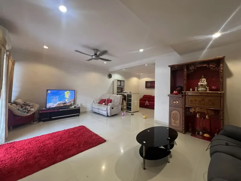 Living features: 3-seater fabric sofa in white, 2-seater fabric sofa in red, black coffee table, area rug in red, wall-mounted TV, ceiling fan with light, recessed downlights, decorative wooden cabinet, decorative items on cabinet, large windows with sheer curtains, tile flooring in white, wall with light-colored paint; style: contemporary.