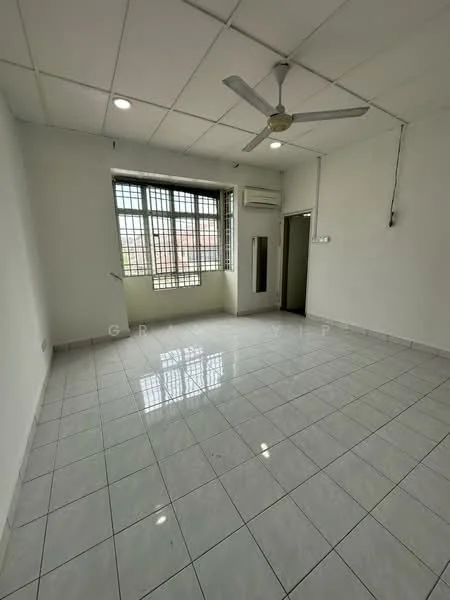 Room features: white painted walls, glossy ceramic tile flooring, ceiling fan, large windows with grid pattern, air conditioning unit, door to hallway, neutral color scheme, high ceiling; style: modern; view: city.