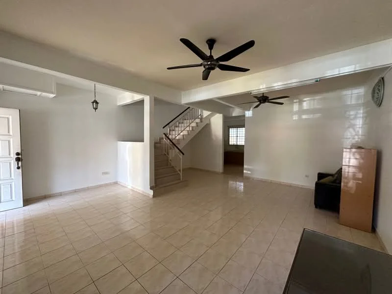 Living features: white painted walls, tile flooring, 2 ceiling fans, staircase with wooden handrail, large window for natural light, open layout, corner sofa, dining area visible in background; style: modern.
