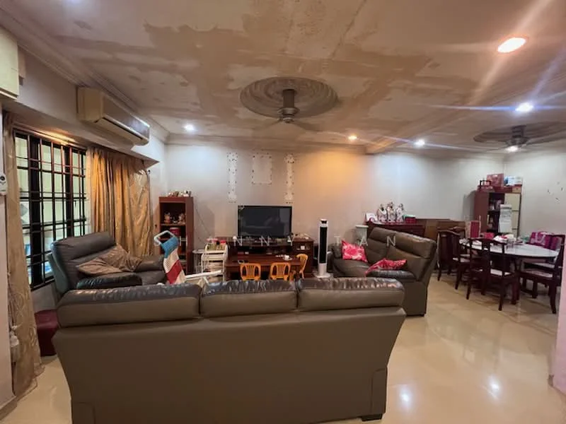 Living features: 2 grey leather sofas, 3-seater fabric sofa, coffee table, wall-mounted TV, TV console, dining table with chairs, ceiling fan, recessed downlights, cream painted walls, polished tile flooring, curtains, decorative items on shelves; style: contemporary.