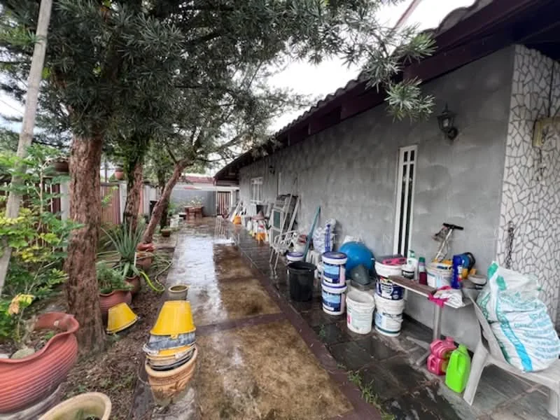 Exterior features: grey painted walls, stone cladding, concrete pathway, potted plants, various buckets, garden tools, ladder, outdoor storage, mature trees, wet surface, fenced area.