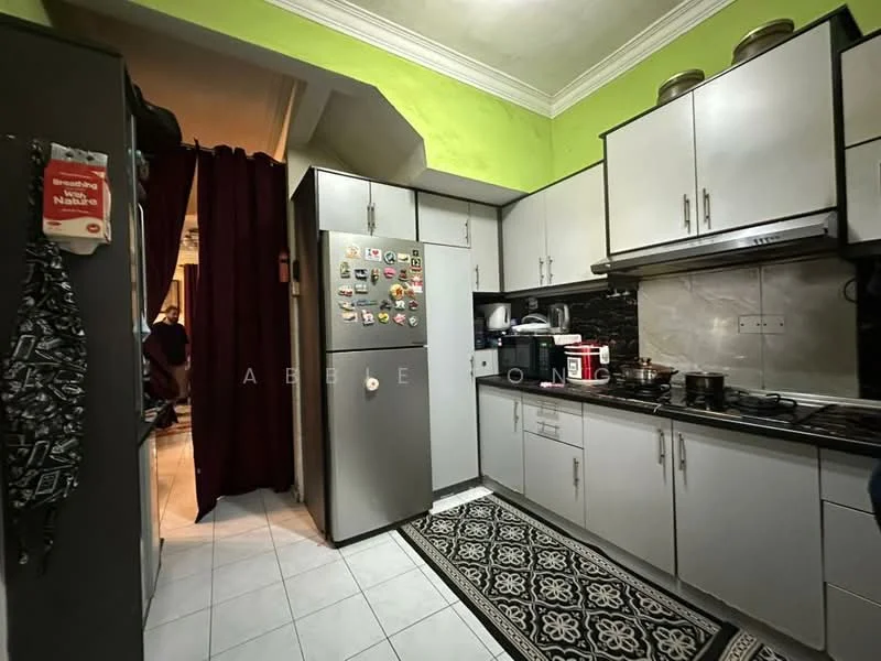 Kitchen features: grey cabinetry, black countertop, stainless-steel fridge, built-in oven, 4-burner gas hob, black backsplash, white tiled walls, white tiled flooring, decorative area rug, curtains, wall-mounted kitchen hood; style: modern.