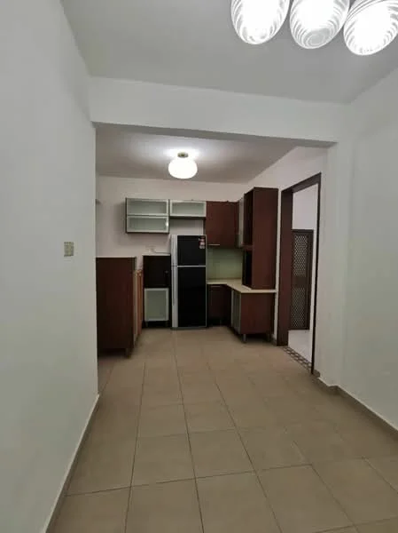 Kitchen features: white painted walls, tile flooring, ceiling light fixture, wood cabinetry in brown, countertop, stainless-steel fridge, built-in sink, open layout, doorway to adjacent room; style: modern.