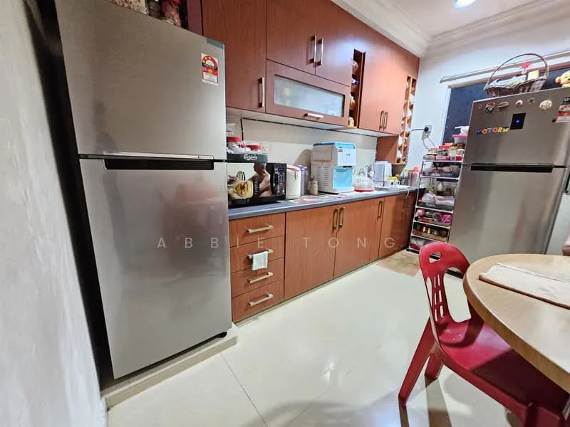 Kitchen features: stainless-steel fridge, built-in wooden cabinets with brown finish, black countertop, white ceramic tile backsplash, kitchen appliances including water dispenser, microwave, kettle, dining table with red chairs, ceramic tile flooring, recessed lighting, wall-mounted storage, open shelving; style: modern.