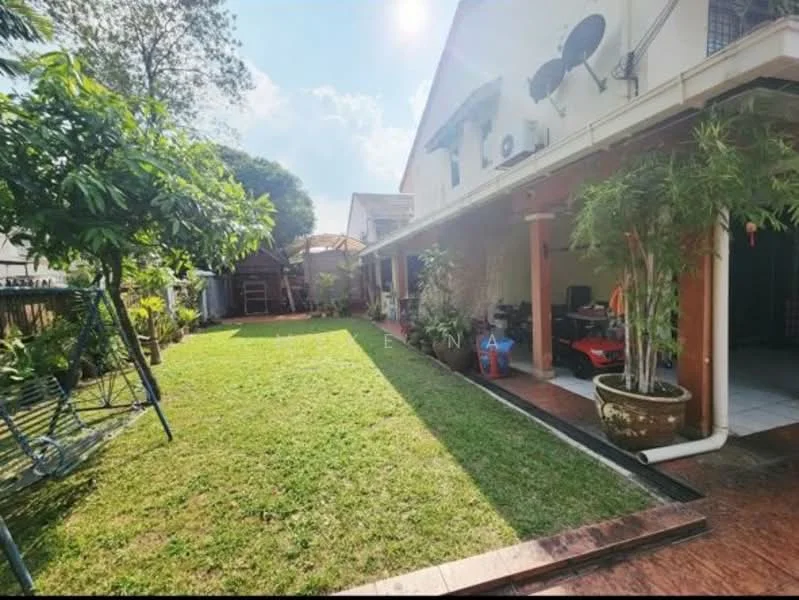 Exterior type: detached bungalow; features: manicured lawn, mature trees, patio area, swing set, outdoor seating area, garden, air conditioning units on wall, outdoor lighting, fenced perimeter; style: modern.