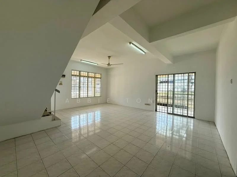 Living features: white painted walls, tile flooring, ceiling fan, large windows, natural light, open layout, staircase, view of outdoor area.