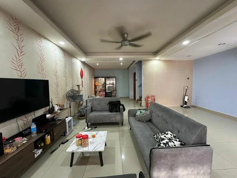 Living features: grey fabric 3-seater sofa, grey fabric 2-seater sofa, marble-top coffee table, wall-mounted TV, TV console with storage, ceiling fan with light, recessed downlights, cream painted walls with floral pattern, light-coloured tiled flooring, decorative wall art, open layout to adjacent room; style: modern.